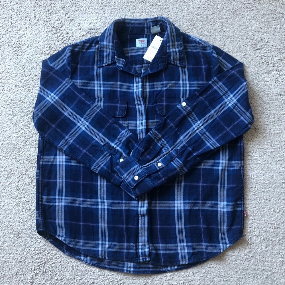Levi's 100% Cotton Navy and Light Blue Plaid Button-Down Shirt.NWT.